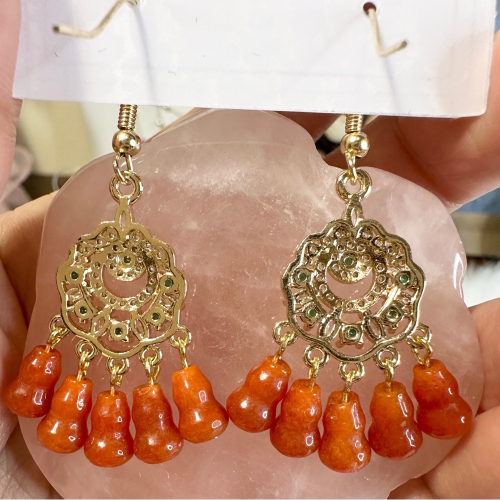 Red Jade Dangle Earrings 1.9 inches long - Picture 3 of 4